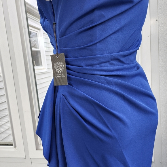 24 Hour Sale ⏰ Vince Camuto Off The Shoulder Royal Blue Crepe Column Ruched Gown - Picture 5 of 16